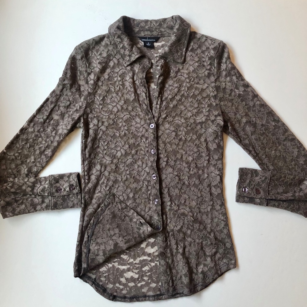 Lace Stretch Button Down Blouse by MODA Int.